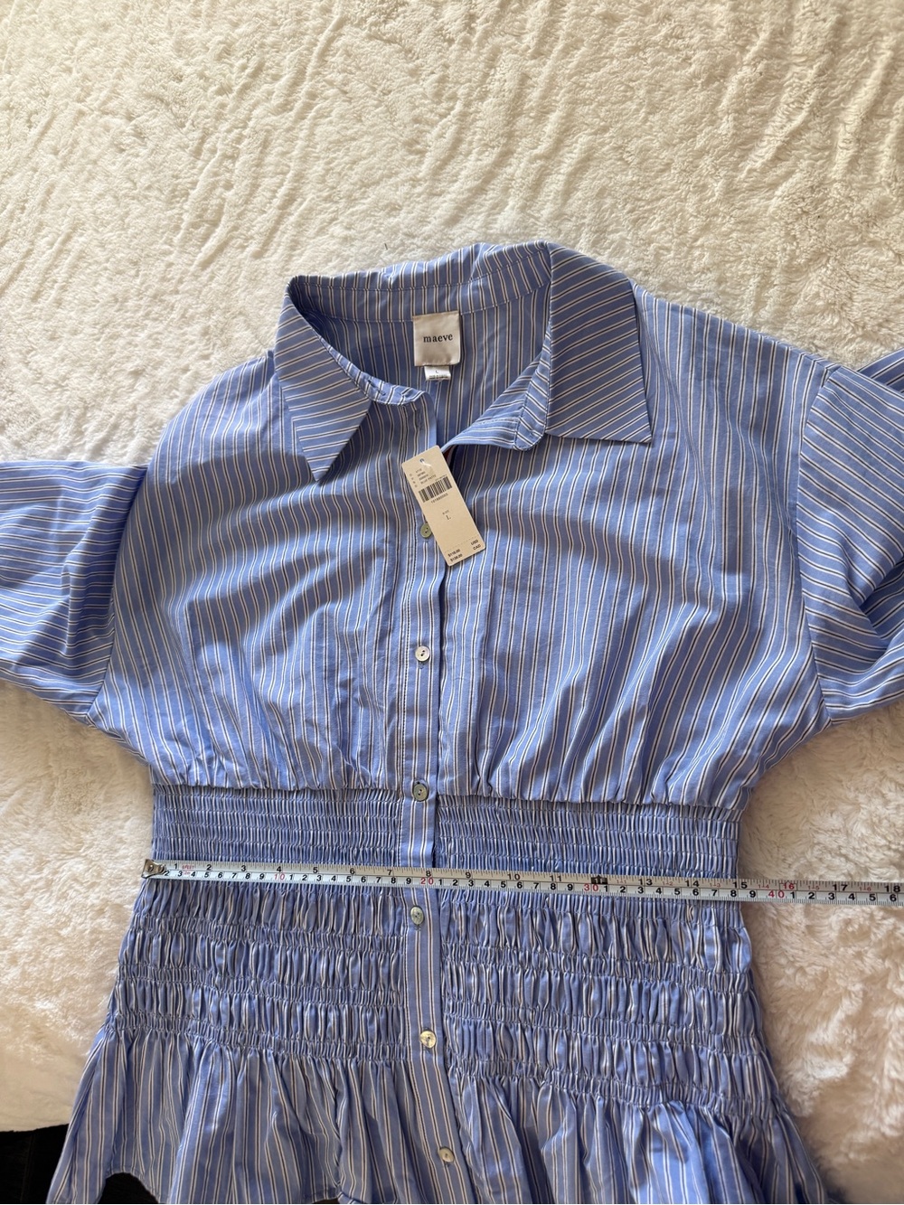 Maeve Anthropologie NWT Smocked Peplum Blue Stripe Cotton Blouse L - Picture 9 of 9